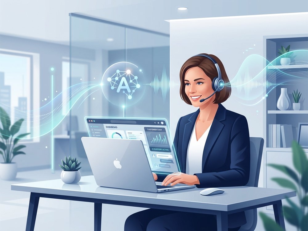 Illustrazione moderna sul servizio clienti, trasparenza AI e consulente di assistenza clienti con cuffia
